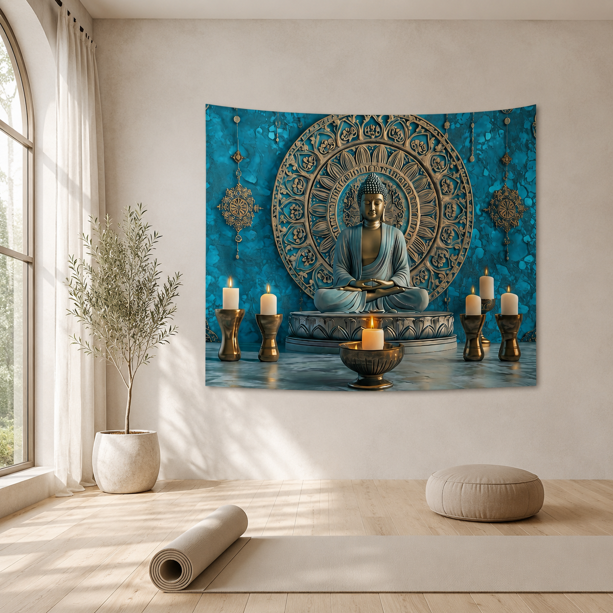 Meditating Buddha & Lotus Candle Tapestry for Peaceful Home Decor